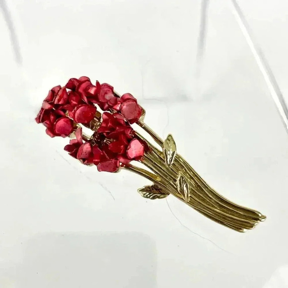 VTG Red Rose Bouquet Avon DM 97 Signed Metal Gold Tone Brooch Pin - Picture 8 of 8